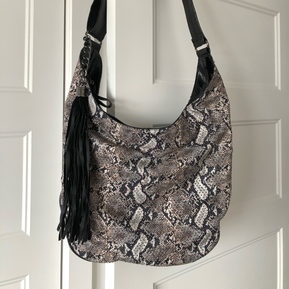 Snake print faux sueded handbag with rhinestones